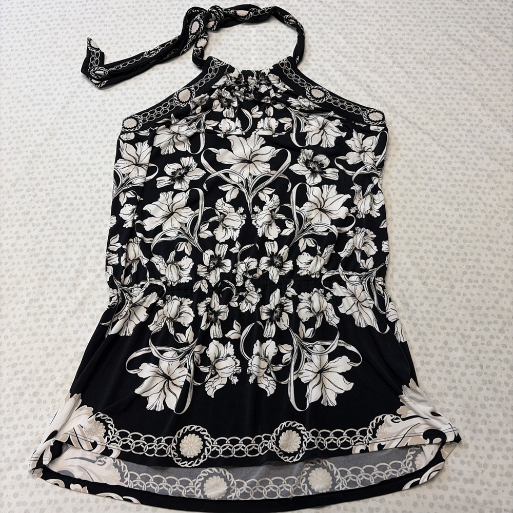 White House Black Market Women's Black and White Floral Halter Top Size Medium